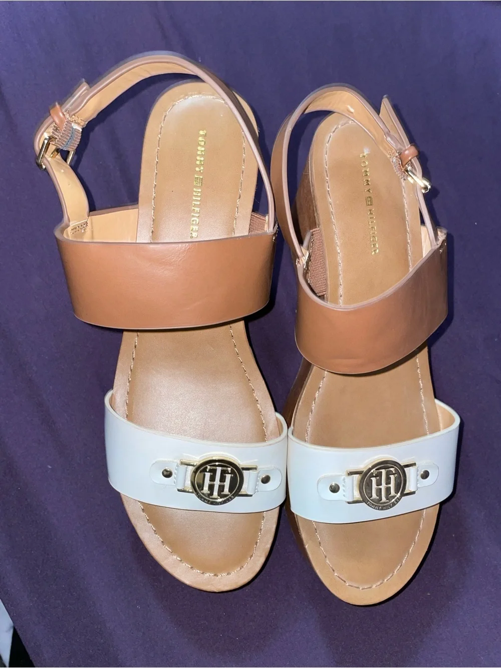 Tommy Hilfiger White and Tan Platform Wedge Sandals